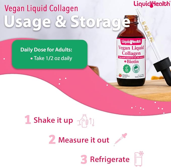 LIQUIDHEALTH 100% Vegan Collagen Plus Biotin 100,000mcg Liquid Drops - Plant-Based Liquid Collagen for Women & Men - Hair & Nail Growth, Skin Health, Boosts Metabolism - Made in USA, Non-GMO (3 Pack)