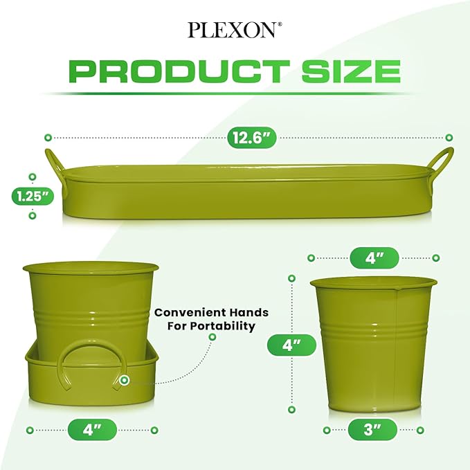 Plexon Herb Planter Indoor Garden Set of 3 with Tray, Metal Herb Pots for Indoor Plants, Round Kitchen Garden Kit Ideal for Windowsill Planter or Countertop, Green Powder Coated