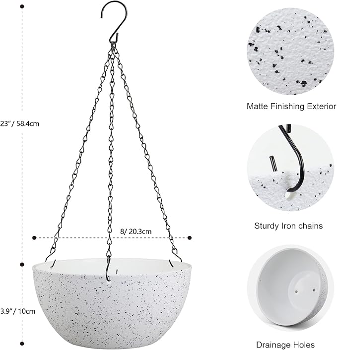 Meowell 8 inch Hanging Planters for Small Indoor Outdoor Plants, 2 Pack Hanging Flower Pots with Drainage Holes and Chain for Garden Porch, Plastic Hanging Baskets for House Plants, Speckled White