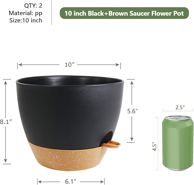 WSMKSZ 10 inch Self Watering Pots, 2 Pack Plastic Planters with Mesh Drainage Holes for Garden Plants and Flower, Plants Pots with Deep Reservoir for Indoor Outdoor Plants, Black with Brown
