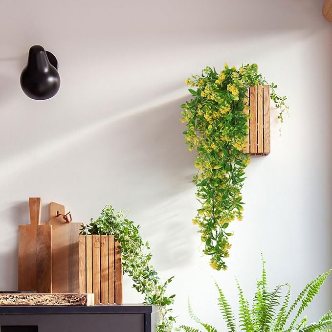 RECUTMS Hanging Plants Fake Vines Fake Hanging Plants Outdoor Greenery Faux Greenery 2Pcs Artificial Hanging Flower for Outdoors Hanging Basket Plastic Home Garden Wedding Party Decorations(Yellow)