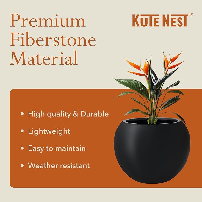 KUTE NEST 12.8"H x 16"D Premium Globo Fiberstone Round Planter with Drainage Hole, Smooth Finishes, Weather Resistant for Indoor and Outdoor Use, Included 2 Extra Coco Mats (Black, 10.7" Pot Opening)