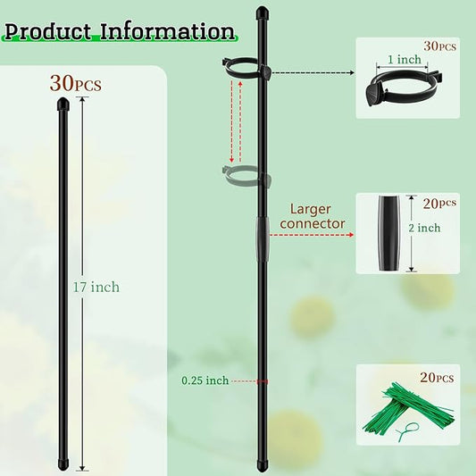 30Pcs Plant Support Stakes 17 inch SupKing Garden Orchid Sticks Extended to 3ft 4ft 5ft Plant Poles with Clips for Indoor Outdoor Potted Tomato Rose Amaryllis Vegetables Comes with 20 Ties(Black)