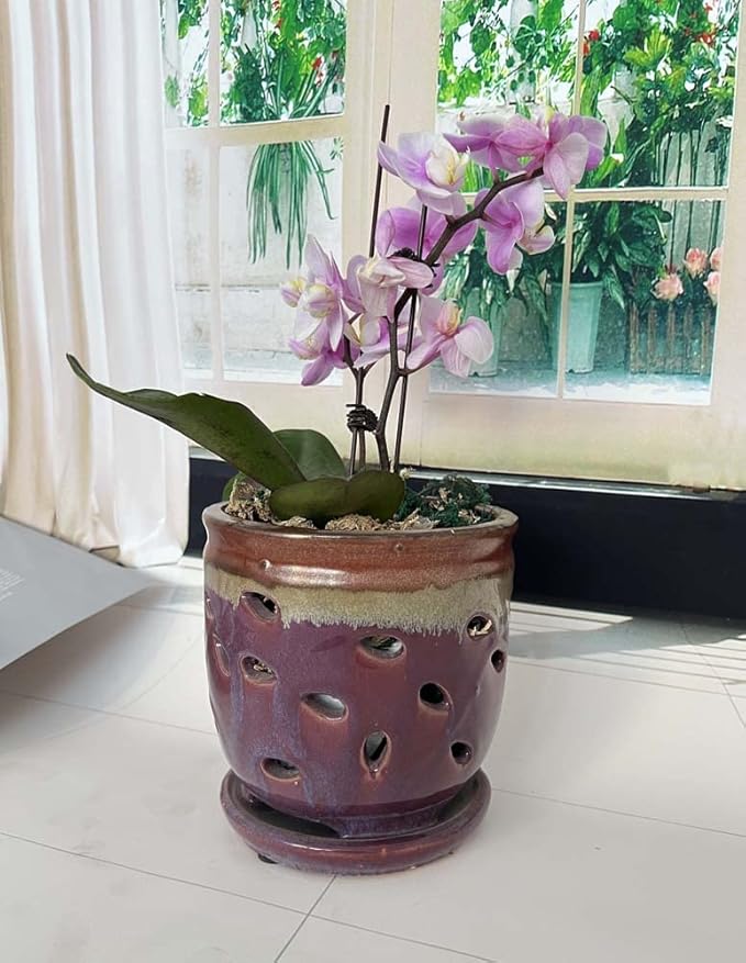 Large 6inch Puple Round Ceramic Orchid pots with Holes, Flower Pot with Saucer for Indoor Plants Home Decorative, Round Planter (Purple)