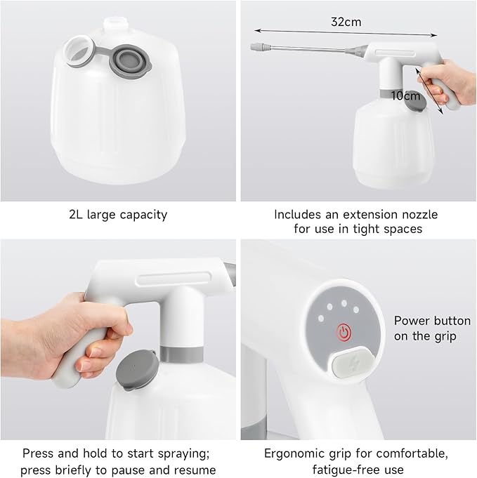 SANLIKE Electric Spray Bottle 2L Pump Sprayer Plant Mister, Automatic Watering Can Rechargeable Battery Powered Pressure Bottle with Adjustable Spout 2 Spray Types for Garden, Fertilizing, Cleaning