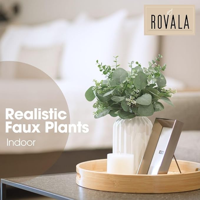 Fake Eucalyptus Decor in White Ceramic Vase Realistic Faux Plants Indoor Tabletop Fake Desk Plants for Office Small Potted Plant Artificial Decor Small Fakeplants for Shelves Bathroom Kitchen