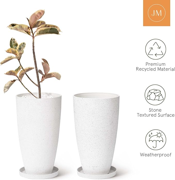 LA Jolie Muse 20 Inch Tall White Planters,Set of 2 Indoor/Outdoor Tall Planters with Shelf Insert and Trays,Modern Large Flower Pot for Front Front Door, Patio and Deck
