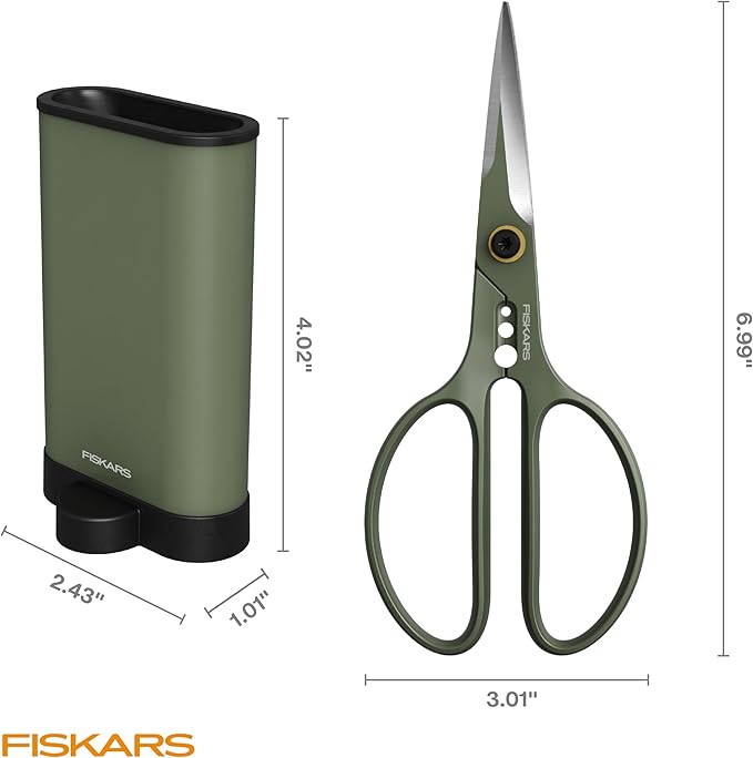 Fiskars Plant Shaping Shears & Holder, Precision Indoor Gardening Snips with Storage Caddy, Forged Stainless Steel Blades for Clean Cuts on Broad Leaves, Ambidextrous Handles & Stem Stripper, 6"