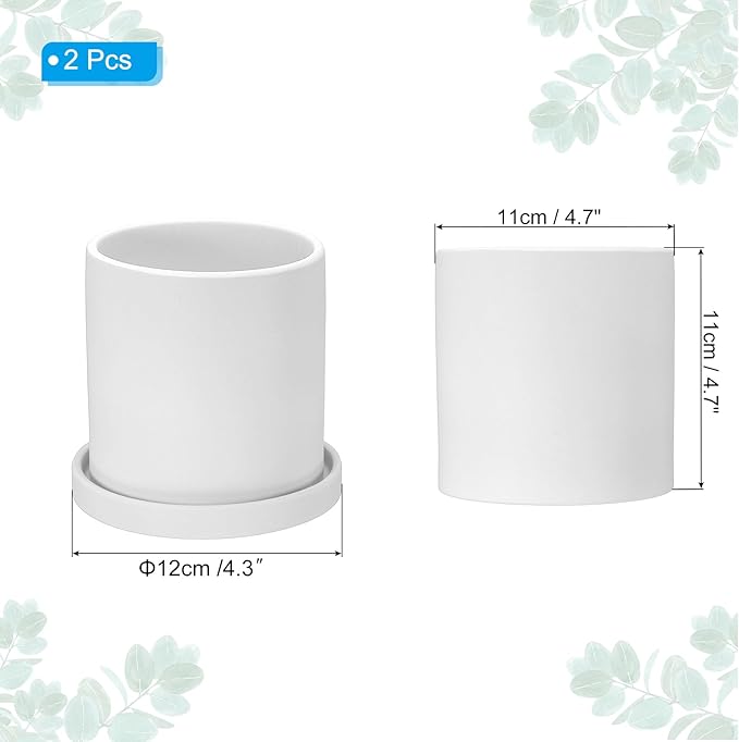 PATIKIL 4.3 Inch Ceramic Plant Pots, 2 Pack Modern Flower Planters with Drainage Holes and Tray for Decorate Home Indoor Plants Succulent Herb, White