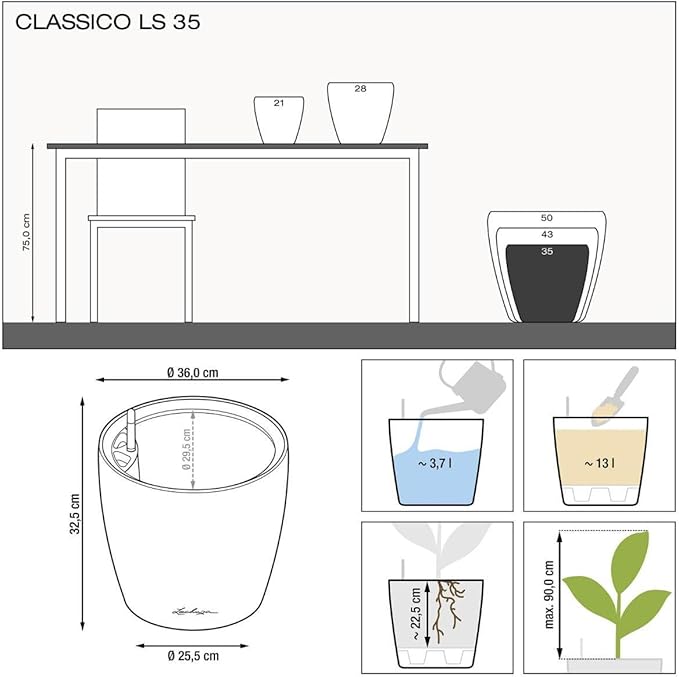 Lechuza Classico LS 35 Black High Gloss, Self-Watering Round Planter, D13.8 H13 in