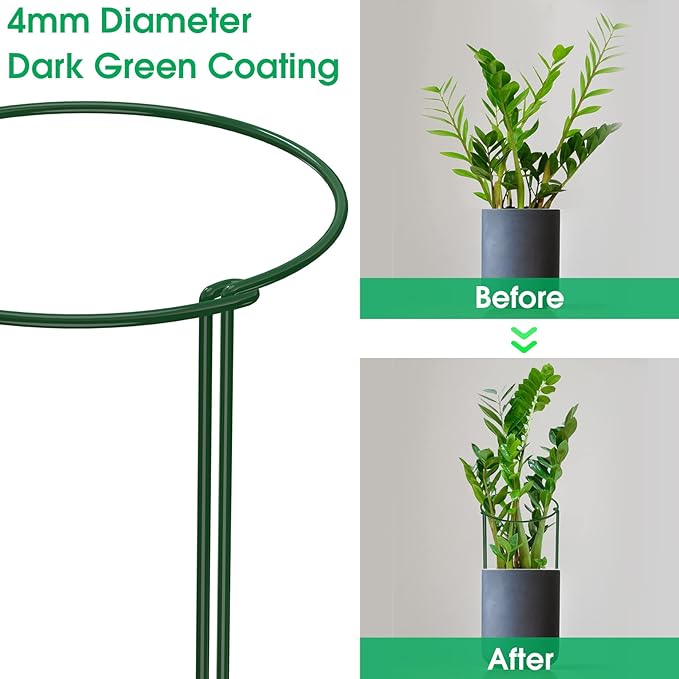 Unves 10 Pack Plant Support Stakes, 10" W x 16" H Half Round Peony Cages and Supports, Metal Peony Cage Plant Ring for Outdoor Plants Tomato Flower Vine, with Garden Labels, Clips and Ties
