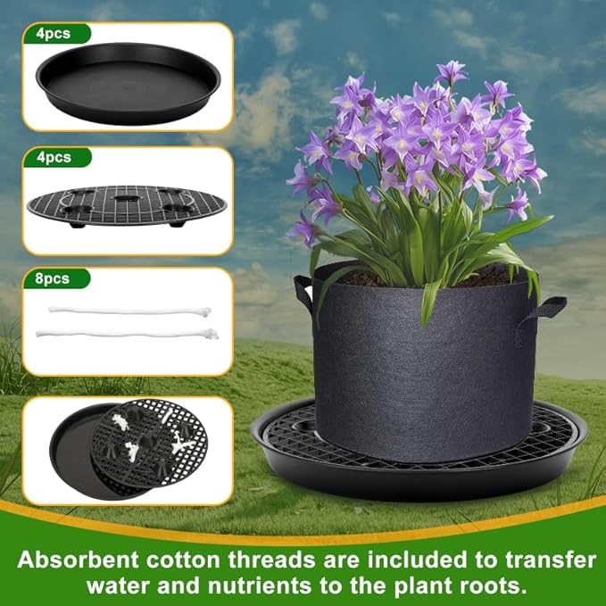 P Polerden 4 Pack Self Watering Fabric Pot Base 14 inch, Auto Pots Fit for 5 Gallon Grow Bags, Auto Watering Plant Saucer for Fabric Planters Plant Saucers Flower Pot Tray, 3 Year Warranty