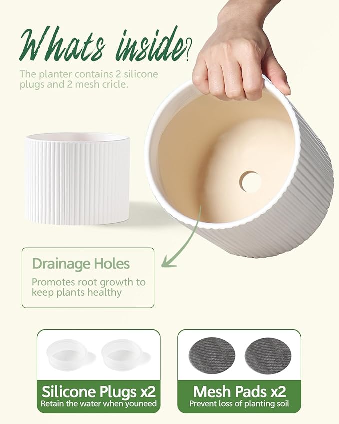 Ceramic Plant Pots, 8.1 + 6 Inch Planters for Indoor Plants, Modern Flower Pots for Plants with Drainage, Medium Cylinder Flower Pots for Indoor Plants, House Plants, Matte White