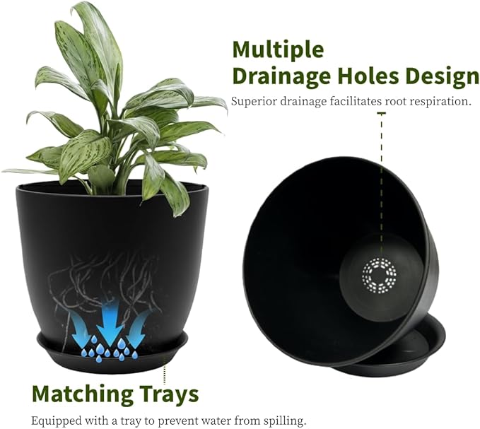 Vanslogreen Plant Pots 8 Inch Set of 6, Flower Pots with Drainage Holes and Saucer, Plastic Garden Planters for Indoor & Outdoor Plants (Black)
