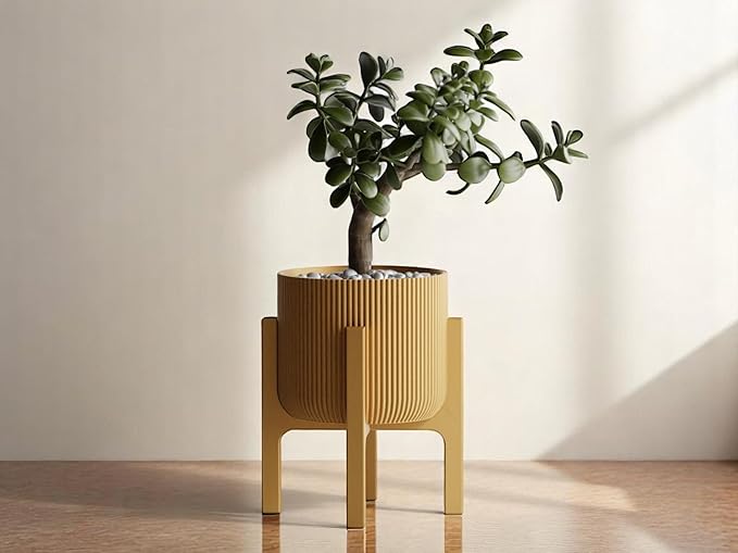 Modern Geometric Planter with Stand – Decorative Indoor Plant Pot with Ridged Top & Smooth Bottom, Stylish Planter for Succulents, Herbs, Small Plants (Gold - Ridges only and Stand)