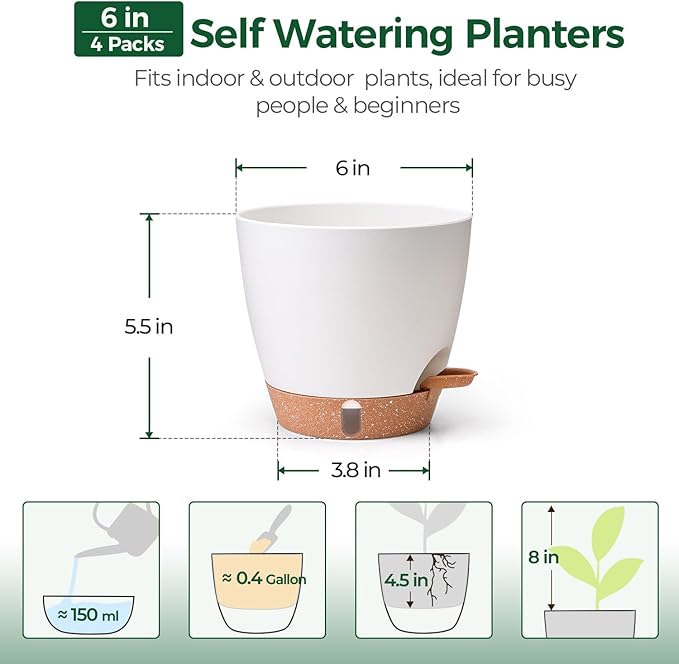 T4U 4 Pack 6 Inch Self Watering Pots - Water Level Indicator & Deep Reservoir, Mess-Free Planter for Busy People, Beginners & Gardeners, Fit Herbs/Pothos/Succulents Plants, Indoor Outdoor Use (White)