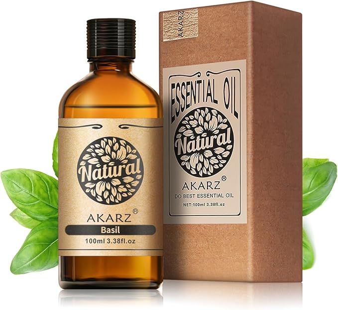 AKARZ 100ml Basil Essential Oil Natural Basil Oil Pure for Candle Making,DIY Skincare Products Massage,Home Spa Relaxation
