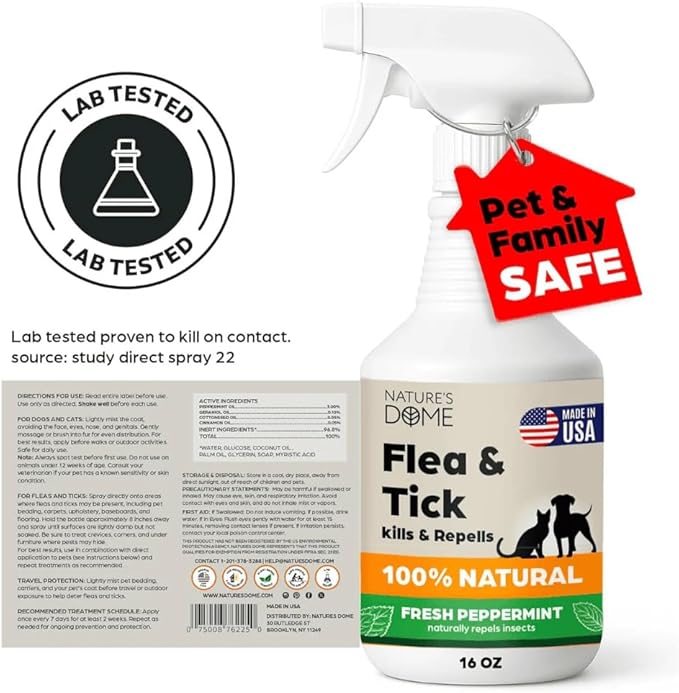 Nature’s Dome Peppermint Flea and Tick Spray 16 Oz | Non Toxic, Plant-Based Pest Control Peppermint Oil Spray for Mosquitos, Larvae & Eggs | Indoor and Outdoor Use | Safe for Pets & Kids