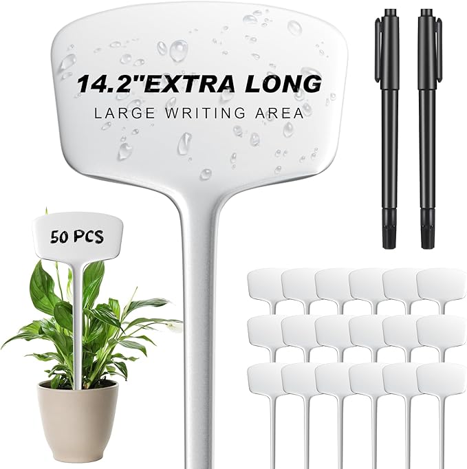 Colingmill 50 Pcs 14.2 Inch Plastic Plant Labels Tags T Type Plant Markers with Pen for Outdoor Indoor Garden Pot Herbs Flowers Vegetable(White)