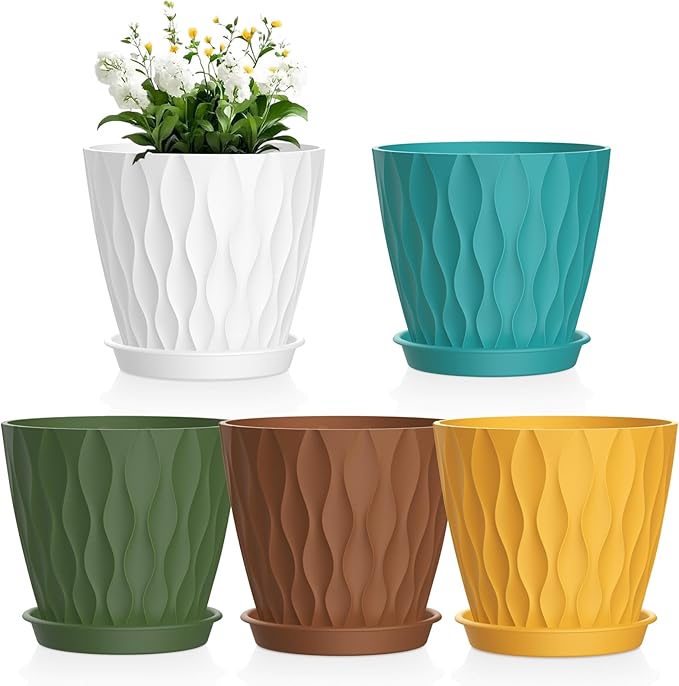 Meowell 6 inch Plant Pots, 5Pack Water Ripple Flower Pots for Indoor Outdoor Plants, Plastic Planters with Drainage Holes and Saucers, Nursery Pots for Small Succulent Garden House Plants, Multicolor