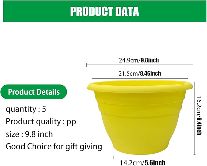 RooTrimmer 10 Inch Plant Pots Set of 5,Lightweight Plastic Planters with Drainage Holes & Plugs,Durable Plant Containers for Indoor Outdoor Houseplants,Flowers,Patio & Garden(Yellow)