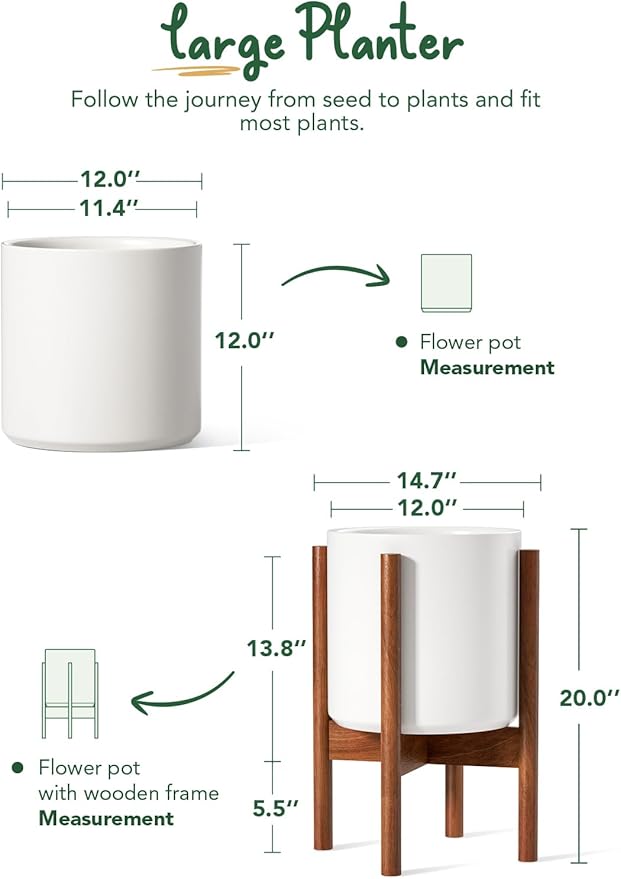 LE TAUCI 12 Inch Planter with Acacia Wood Stand, Large Ceramic Indoor Plant Pot with Drainage Hole & Plug, Mid Century Modern Plant Holder for Fiddle Leaf Fig, Monstera, Snake Plant, White