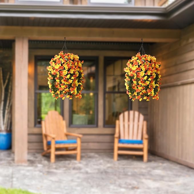 INQCMY Artificial Hanging Flowers Basket for Spring Summer Outdoor Decor,Faux Silk Begonia in Planter Look Real UV Resistant for Porch Home Patio Garden Yard Decoration