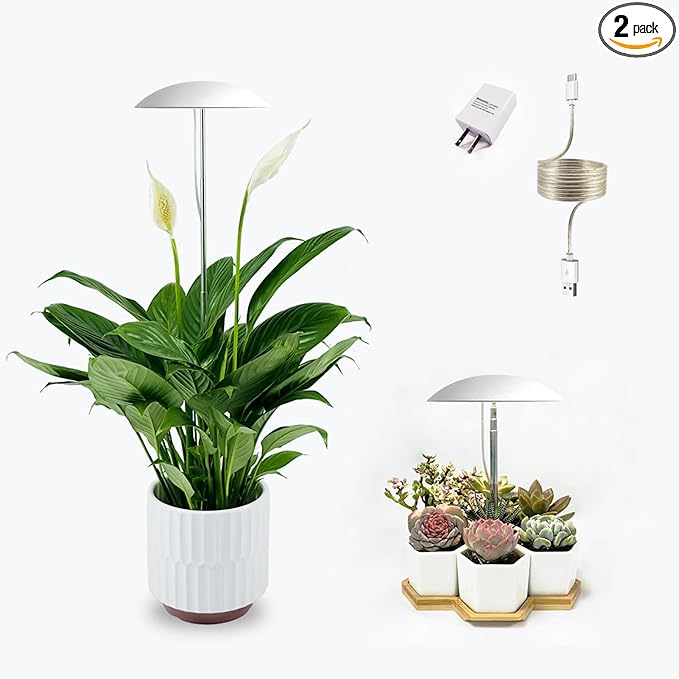 LED Grow Lights for Indoor Plants, Sun Mode Auto Dimming, USB Small Full Spectrum Plant Lights, Height Adjustable, Ideal for Home Decoration, 2 Pack, White