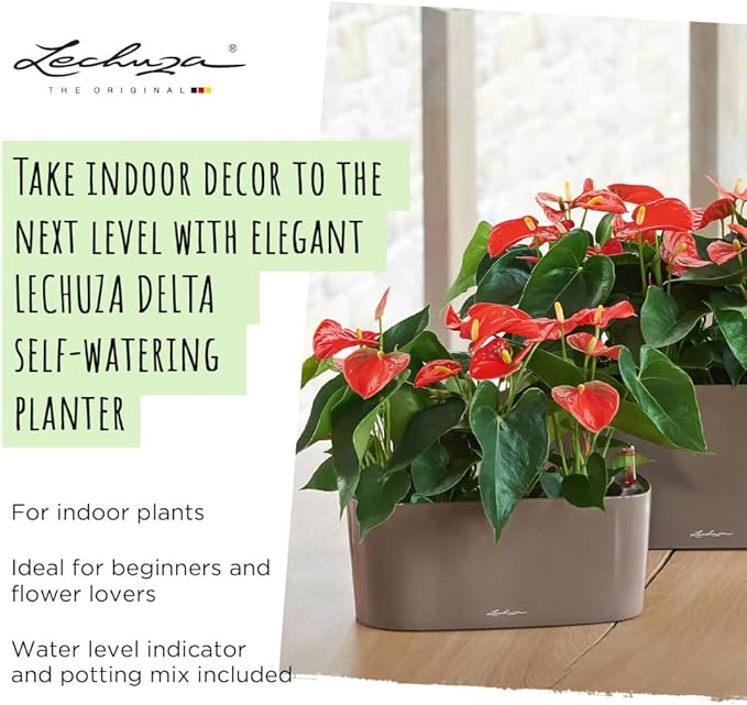 Lechuza Delta 10 Scarlet Red High Gloss, Self-Watering Planter Indoor, H5.1 L11.8 W4.3 in