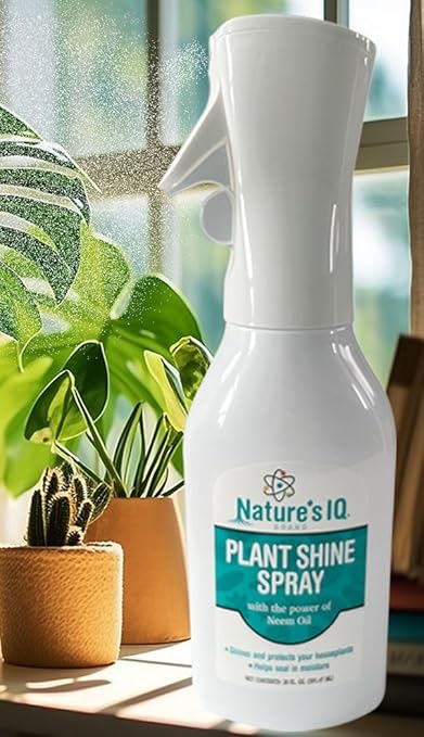 Nature's IQ Plant Shine. Spray Mist Technology for More Complete foliar Coverage. Shines and Protects houseplants. Helps Seal in Moisture. Delivers deep Shine and Protection with Neem. 20oz