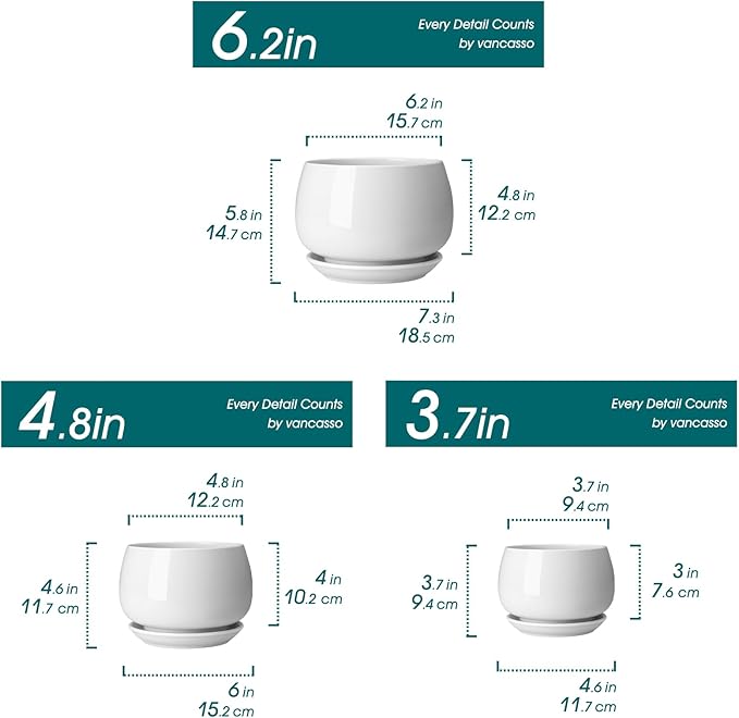 vancasso 3-Pack Ceramic Plant Pots, 3.7/4.8/6.2 Inch Indoor Planters with Saucers & Drainage Hole Planter pots for Indoor Plants and Flower, White