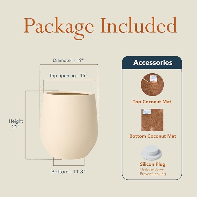 KUTE NEST 21" H x 19" D Premium Corso Fiberstone Round Tapered Planter with Drainage Hole, Weather Resistant for Indoor & Outdoor Use, Included 2 Extra Coco Mats (Kilim Beige, 15" Pot Opening)