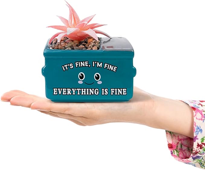Dumpster Fire Fake Plants in Ceramic Succulent Pots Desk Decor, Emotional Support Positive Thinking Office Desk Accessories, Motivational Gifts for Women, Men, Coworkers