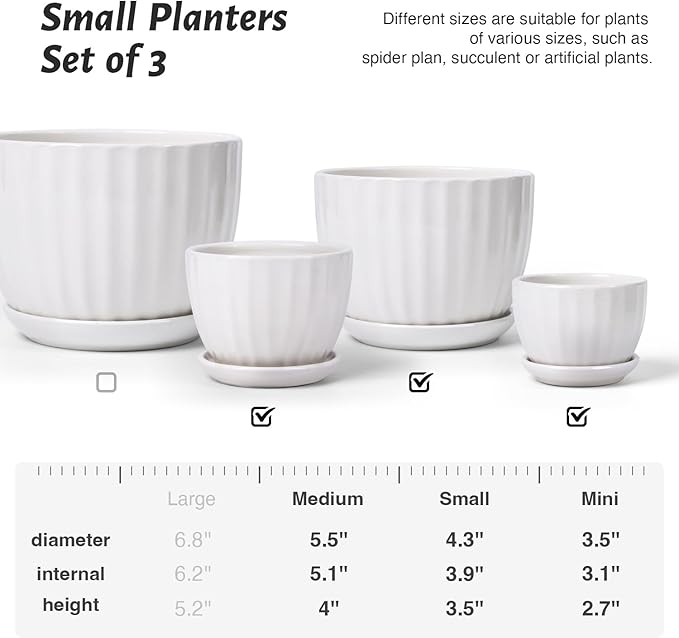 STHIE Ceramic Plant Pots with Drainage Holes and Saucers, Round White Flower Pots for Indoor Plant, Diameter 3.3/4.3/5.5 Inches Small Flower Planters Set of 3
