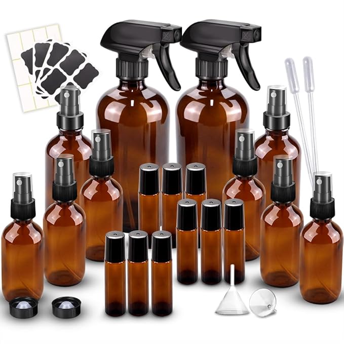 Loretoy Glass Spray Bottle Kit×10 (2×16oz, 2×4oz, 6×2oz), 9×10ml Roller Bottles, Anti UV, Multi Size and Versatile, Suitable for Aromatherapy, Facial Moisturizing, Watering, etc.(Amber)