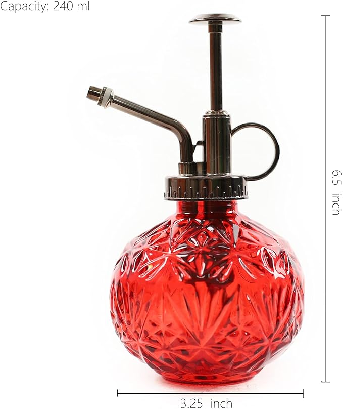 Hniuyun Glass Plant Mister Spray Bottle, 6.5inch Tall Vintage Round Spritzer with Bronze Plastic Top Pump for Watering Your Garden (Red)