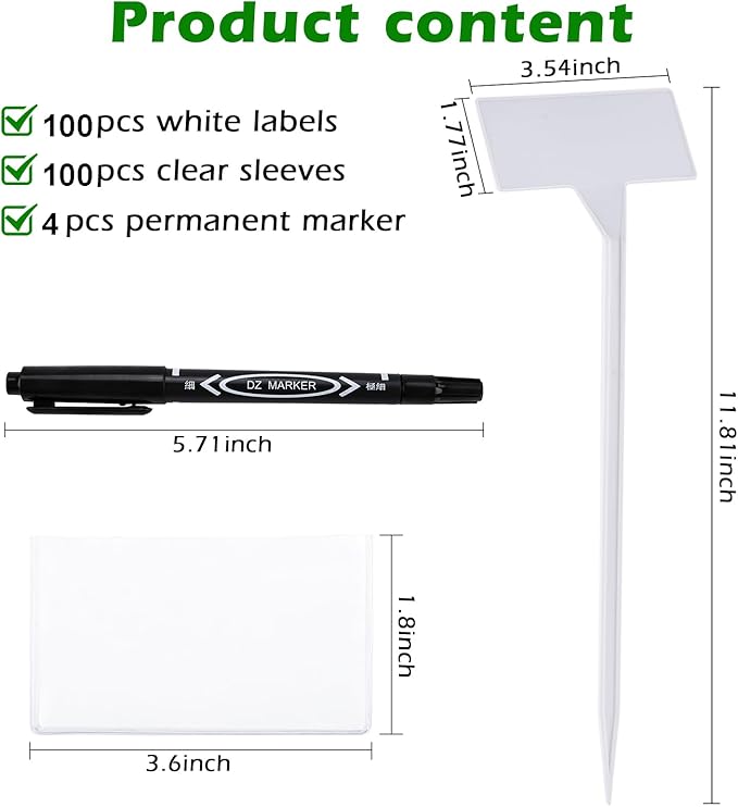 Outdoor Plant Label, 100 Pack Large Waterproof Plastic Plant T-Type Tags, Reusable Nursery Tag for Herbs Flowers Vegetable (White)