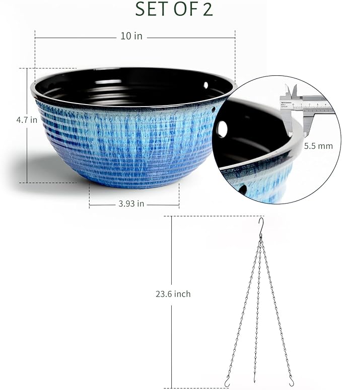 Vanslogreen 2 Pack Hanging Planters for Indoor Outdoor Plants, 10 Inch Hanging Planter with Drainage Hole & Plug Glazed Hanging Baskets Flower Pots for Garden Home (Blue Flow Glaze)