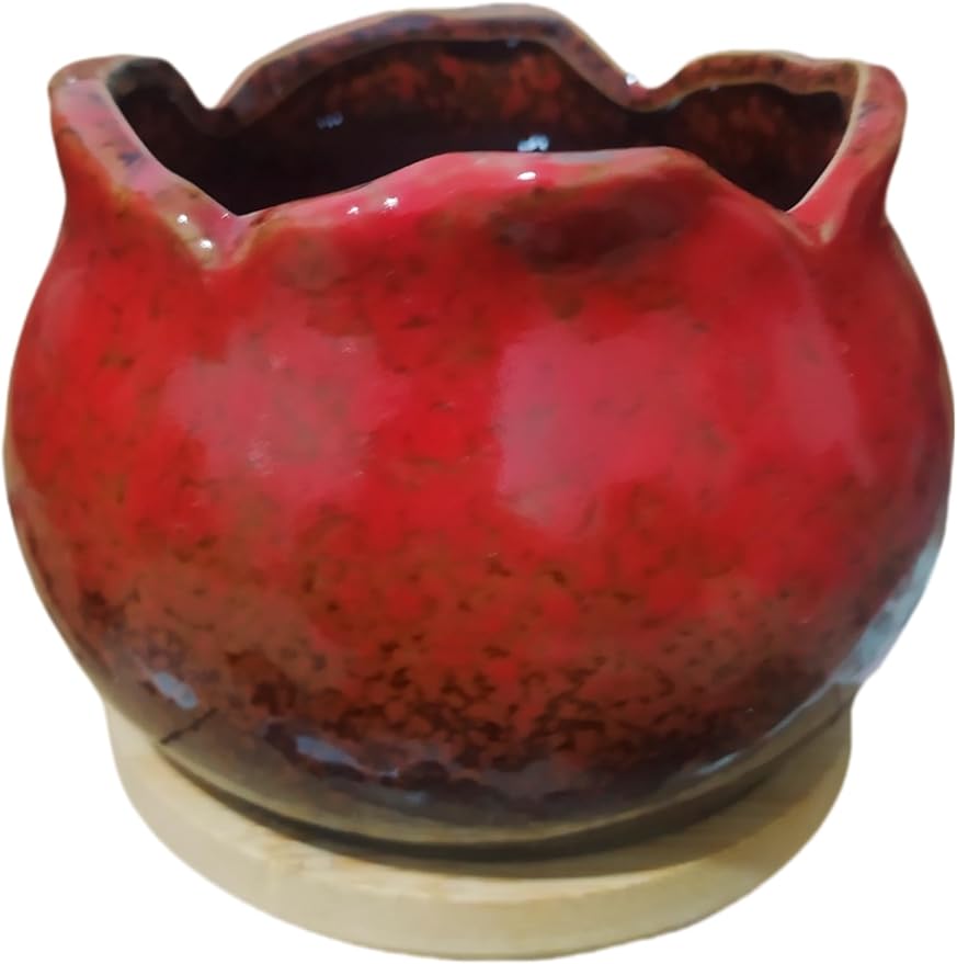 Cute Circular Ceramic Home Garden Decoration Succulent Cactus Flower Pots Container with Bamboo Tray -Plant Not Included (Red, 4 Inch)
