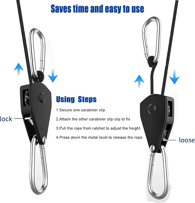 Grow Light Rope Hanger 2Pairs， Adjustable Rope Ratchet Hangers 150 Lbs per Pair with Stainless Steel 2.5" S Hook