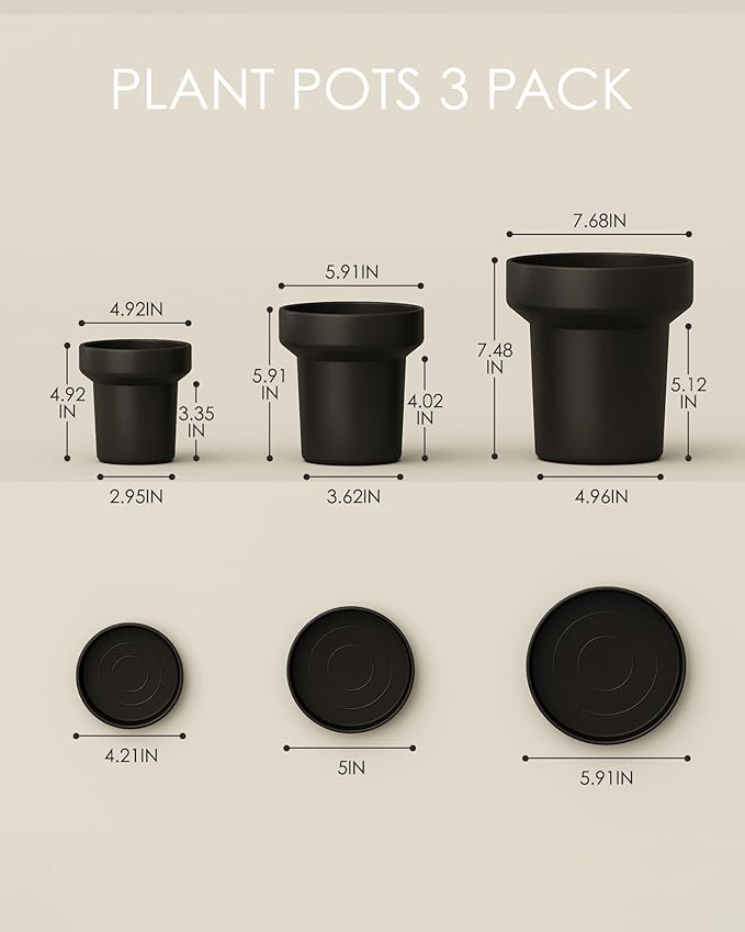 Bamworld 3-Pack Plant Pots Indoor with Drainage 5/6/7 Inch Planters for Indoor Plants Modern Minimalist Flower Pots Black
