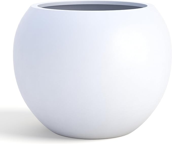 DTY Mount Sherman 16.1'' D x 13.6'' H (Pot Opening 11.8") Fiberstone Round Planter with Drainage Hole, Smooth Finishes, Weather Resistant for Indoor and Outdoor, 2 Extra Coco Mats - White, Medium