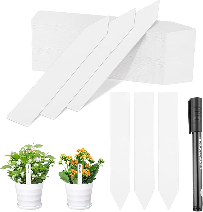 Greaner Garden Markers 100PCS, 6 Inch Plant Markers for Outdoor Plants Waterproof, Plastic Plant Labels with Garden Marker Pen-White, Plant Signs for Indoor Outdoor, Garden, Greenhouse, House(White)