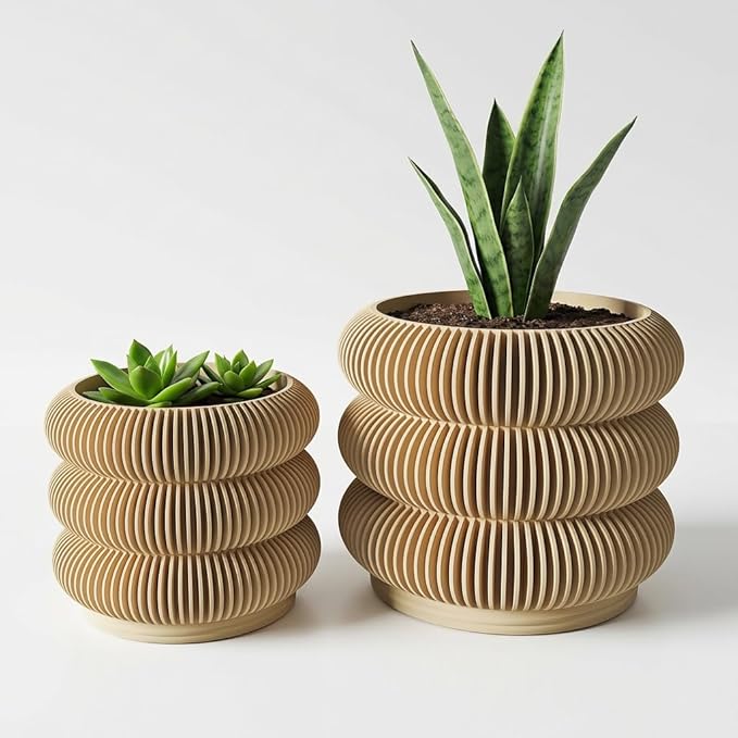 Fabix 4.7/6" 3D Printed Plant Pots - Unique Bubble Ring Modern Planters for Indoor Plants, Durable -Friendly PLA Flower Pots with Drainage for Succulents, Cactus, Home Office Décor. (Wood)