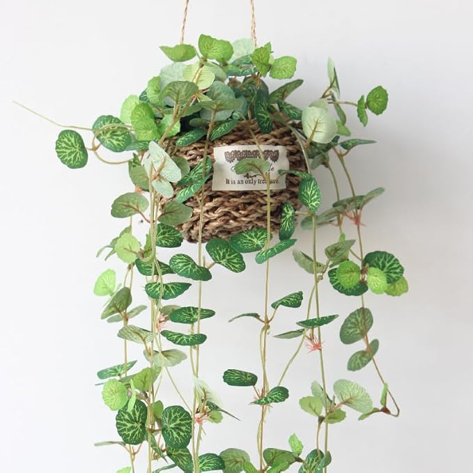 Artificial Plastic Plant Vine Small Hanging Basket Ornament for Indoor Walls, Shelves, Cabinets, Kitchens, Studies, Desks, Living Rooms 3.5-Inch Basket (2pcs Leaf b)