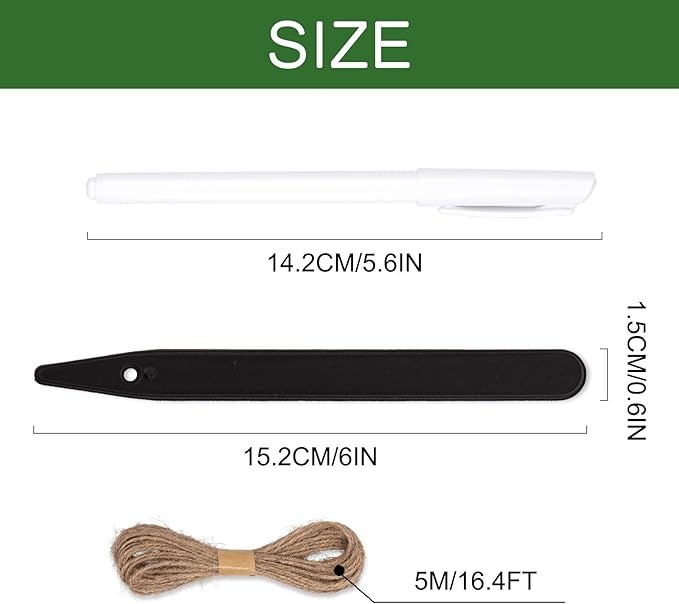 Whaline 200Pcs Thick Plastic Plant Labels Black Waterproof Garden Stake Sign Tags Garden Markers for Outdoor Seedlings Potted Flowers with 2 Marker Pen and A Roll of Twine (6 Inch)