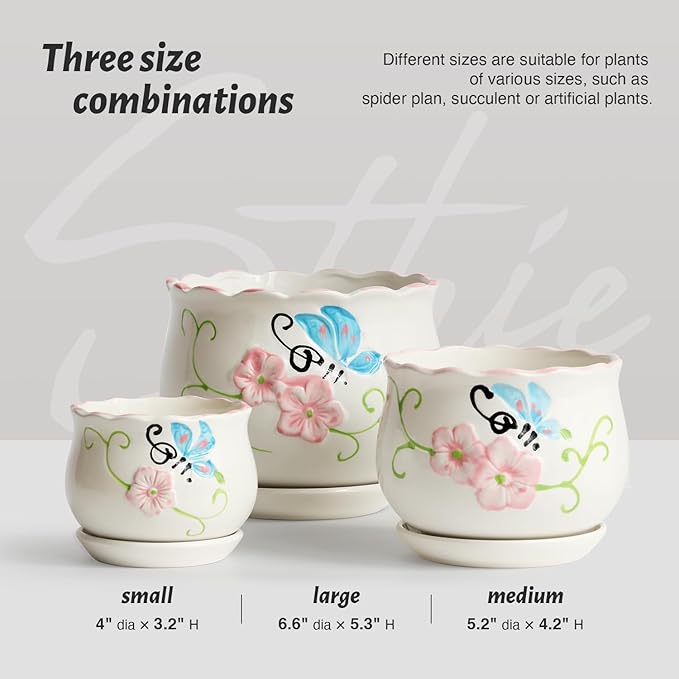 STHIE Ceramic Plant Pots with Drainage Holes and Saucers, Round Flower Pots for Indoor Plant, 4/5.2/6.6 Inches Flower Large Planters Set of 3