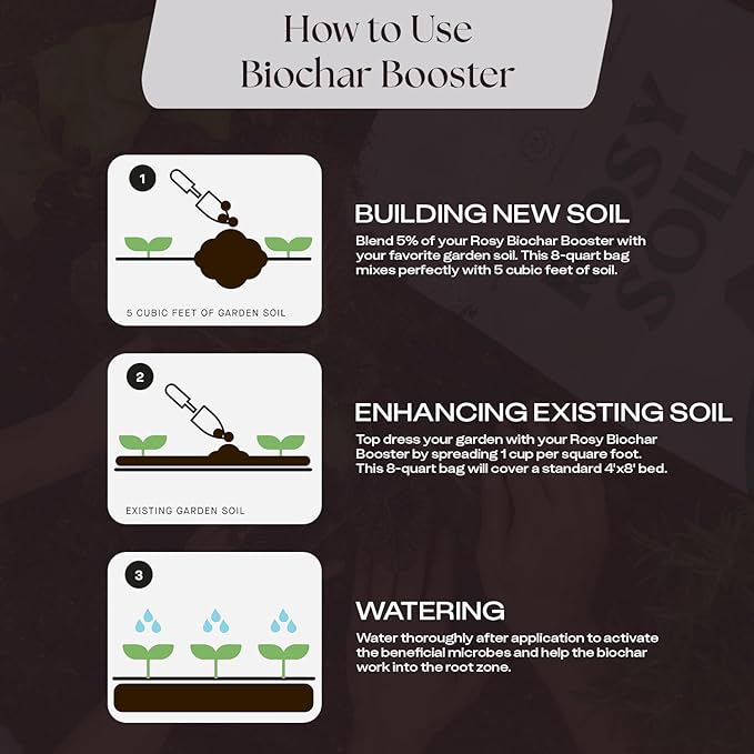Rosy Soil Biochar Booster - Biochar Soil Amendment for Flowers and Vegetable Gardens - Horticultural Charcoal for Outdoor and Indoor Plants - Biochar Supplement for Potting Soil & Potting Mixes - 8qt