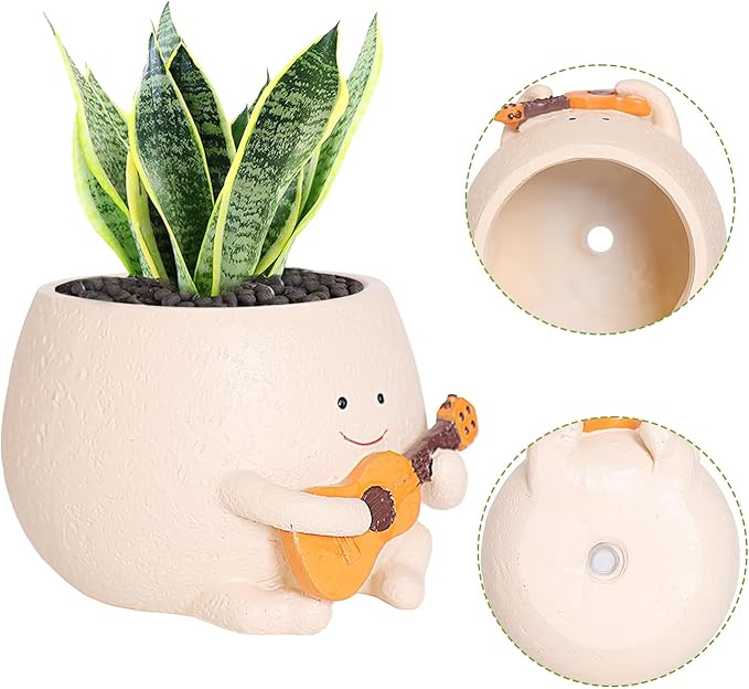 Planter Pot with Drainage Hole Cute Resin Head Planters for String of Pearls Plant Live Unique Guitar Succulent Pots for Indoor Outdoor Plants Gift IdeaI for Christmas (Small)