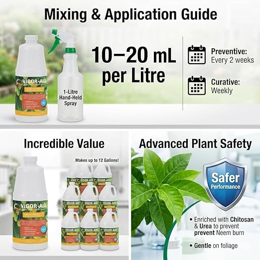 Vigor-Aid Neem Oil Concentrate with Urea & Chitosan | 100% Cold-Pressed Neem Seed Extract | Supports Plant Health & Vitality | Natural Plant Care Formula | Makes Up to 12 Gallons (28 oz)
